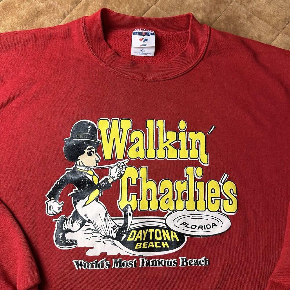 Vtg 90s Walkin Charlies Daytona Beach Sweatshirt 2XL Jerzees USA Red Crewneck